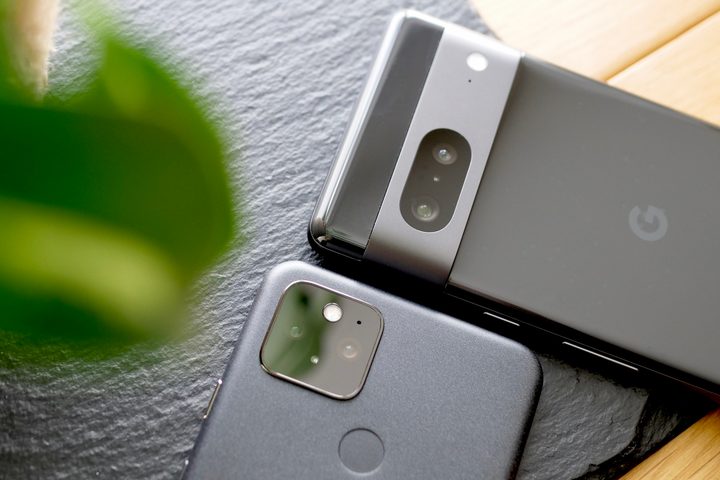 The Google Pixel 5 and Pixel 7's camera modules.