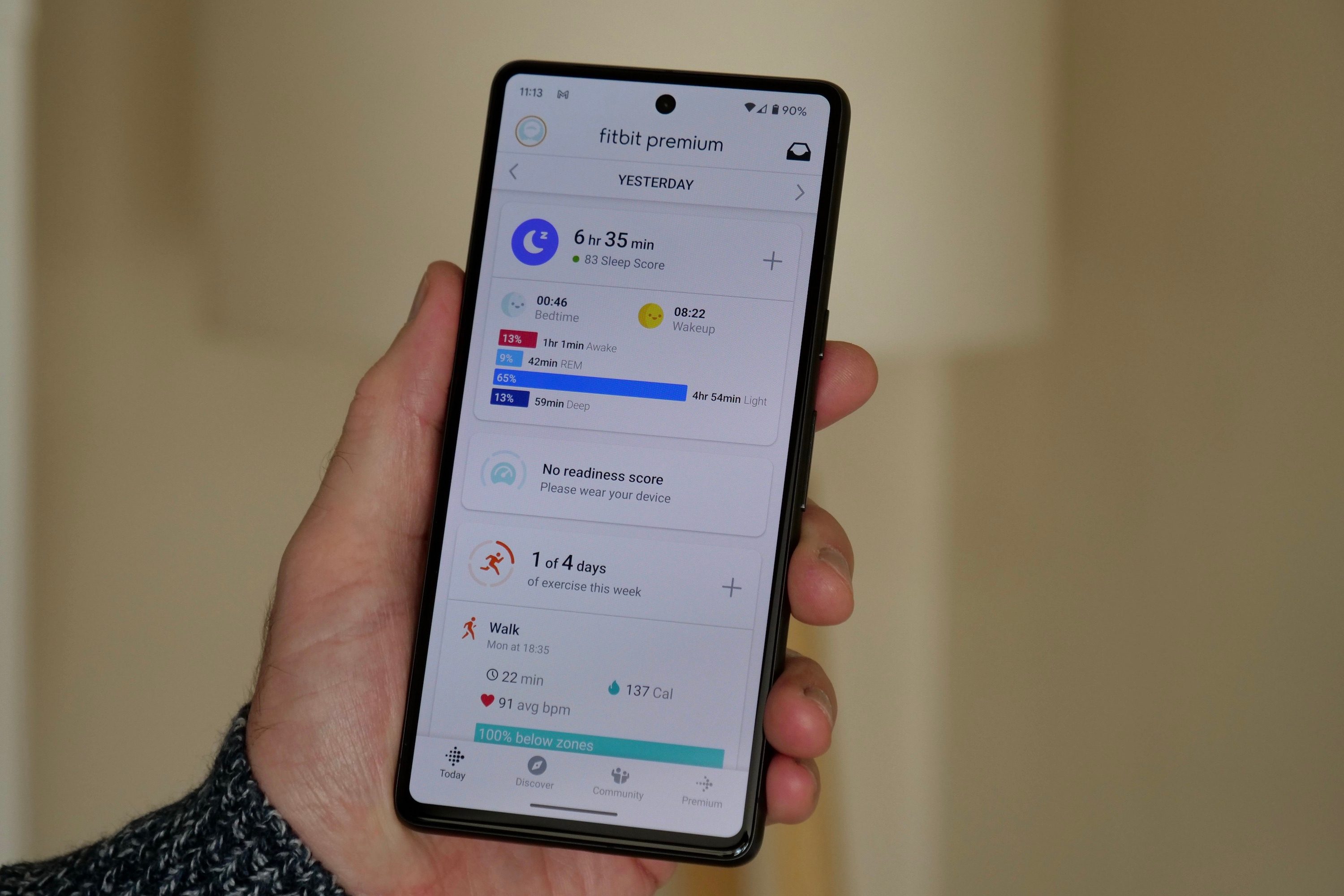 Daily overview report in the Google Pixel Watch's Fitbit app.