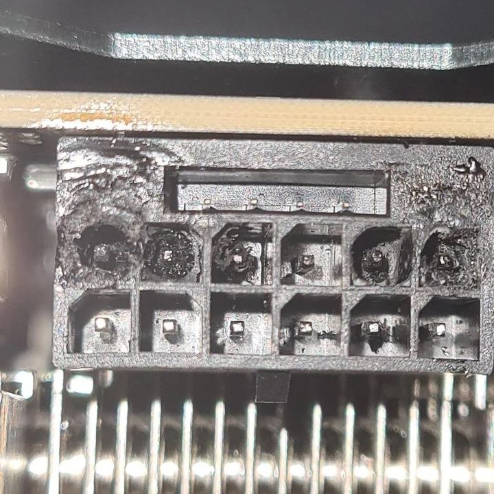 A melted power connector on the Nvidia RTX 4090.