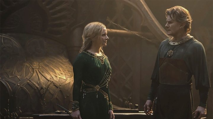 Galadriel looks at a man in The Rings of Power.