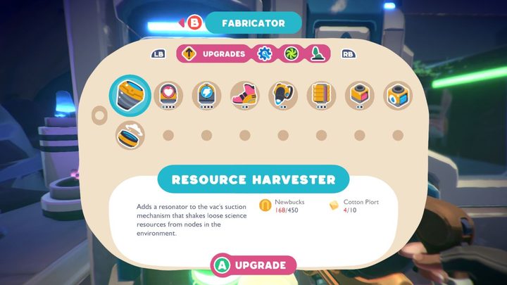 An upgrade menu in Slime Rancher 2.