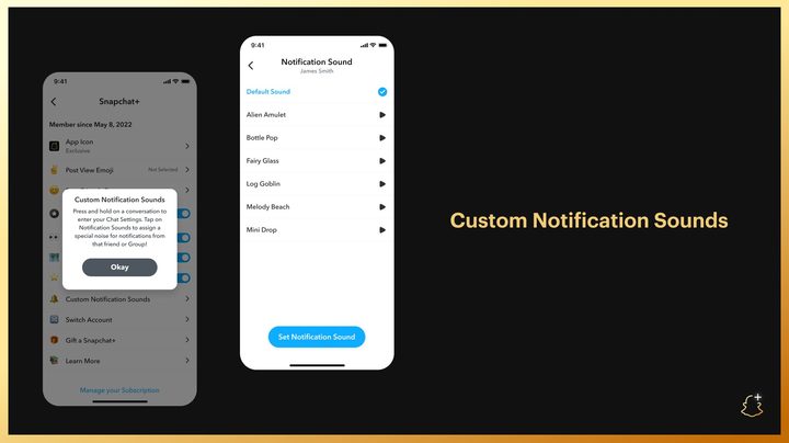 Snapchat Plus screenshot showing new custom notification sounds feature.