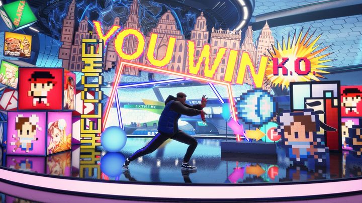 A player emotes on the second floor of Street Fighter 6's battle hub.