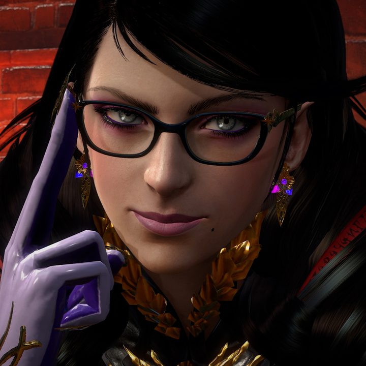 Bayonetta touches her glasses in Bayonetta 3.