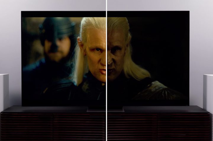 TCL 6-Series TV split screen image with dimmer Dolby Vision on left and brighter HDR 10 on right.