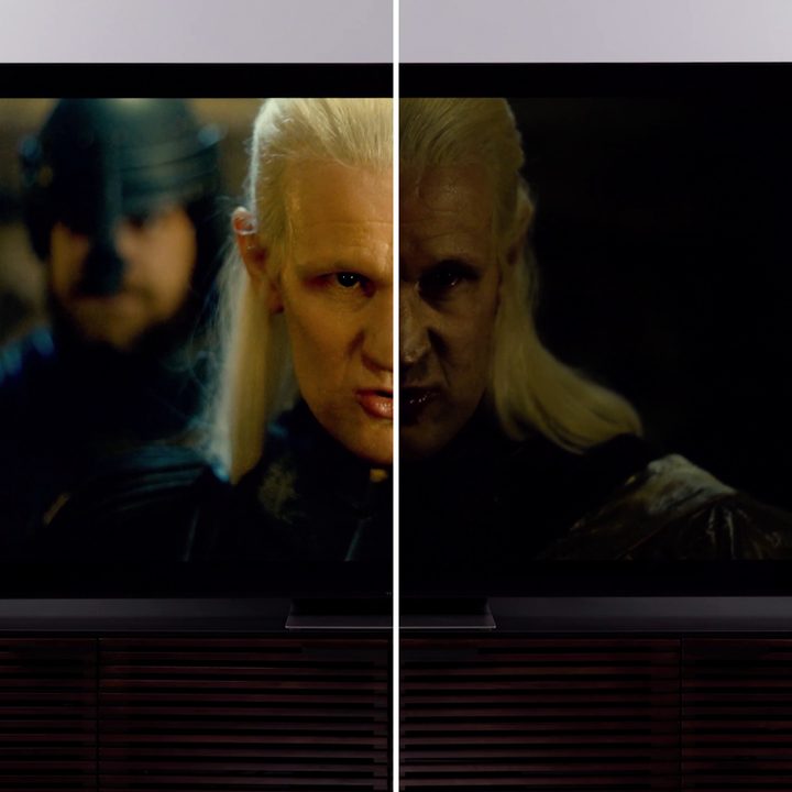 TCL 6-Series TV split screen image with dimmer Dolby Vision on left and brighter HDR 10 on right