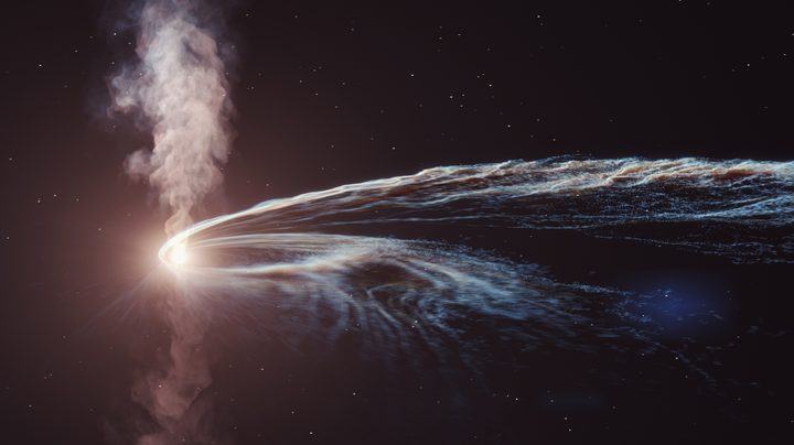 Artist’s illustration of tidal disruption event AT2019dsg where a supermassive black hole spaghettifies and gobbles down a star. Some of the material is not consumed by the black hole and is flung back out into space.