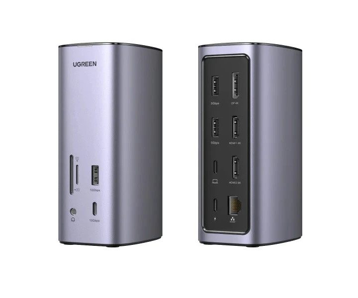 The Ugreen docking station from the front and back.