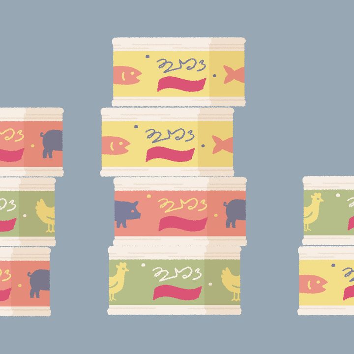 Cat food cans are stacked on top of one another in A Little to the Left.