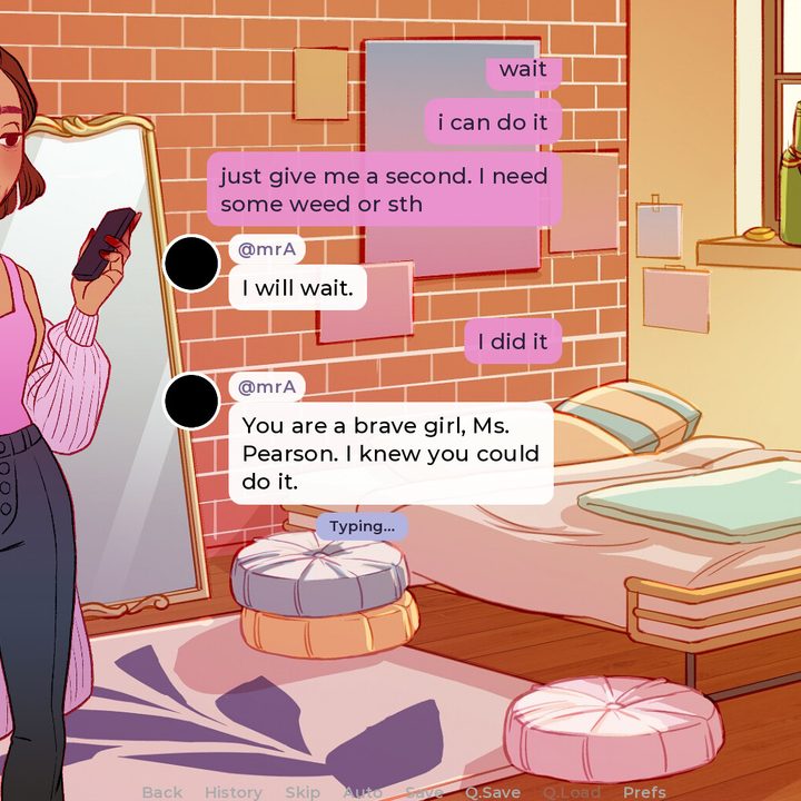 A young woman in a pink sweater and tank top and jeans holds her phone. Her hand is bandaged and missing a finger. Blood can be seen on her sleeve. She looks tired. Messages fill the center screen between her and a Mr. A.