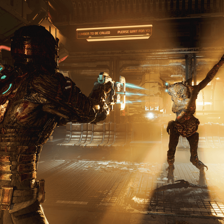 Isaac Clarke aims at a necromorph in Dead Space.
