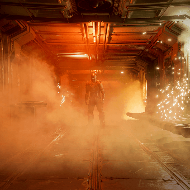Isaac Clarke stands at the end of a glowing hallway in Dead Space.