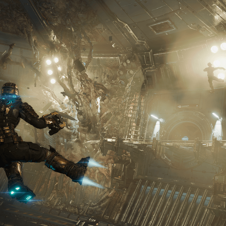 Isaac Clarke flies in zero gravity in Dead Space.