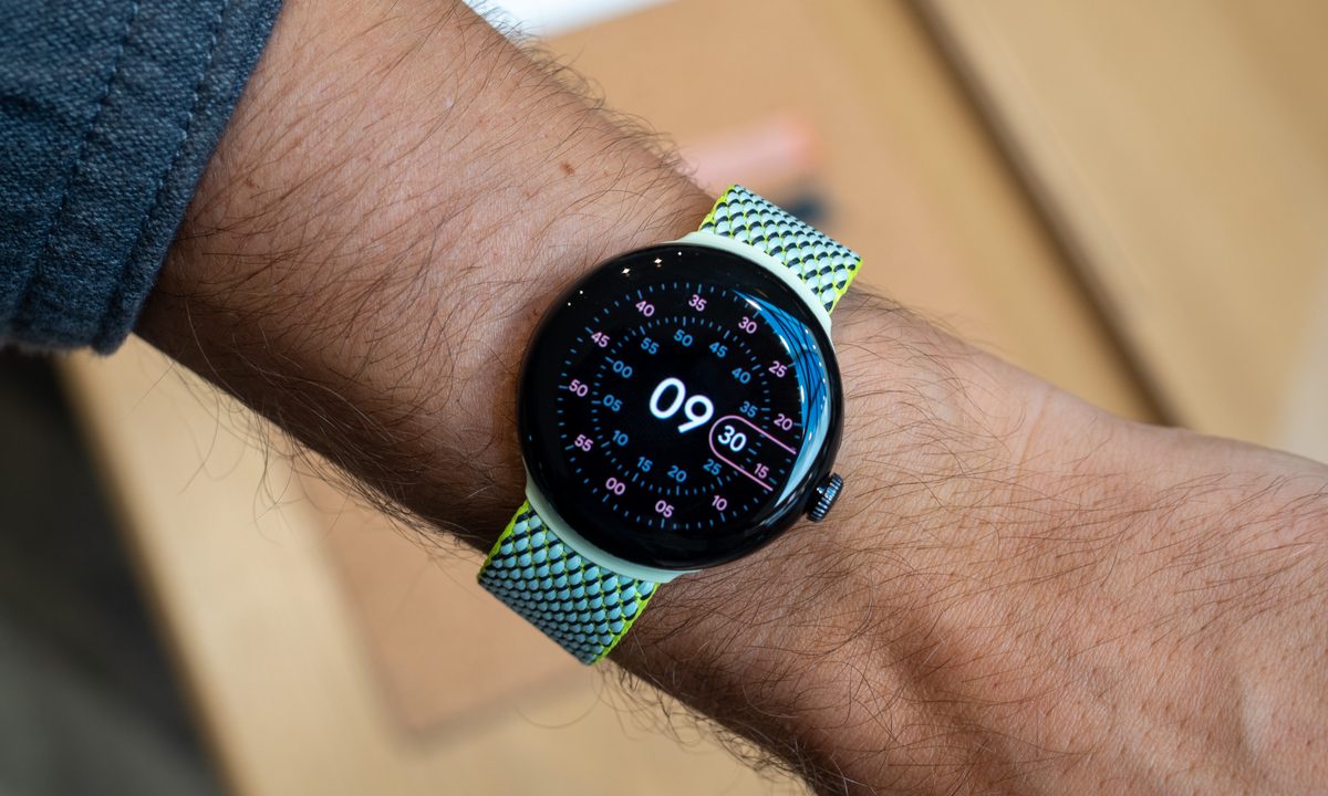 Google Pixel Watch with a recycled loop strap.