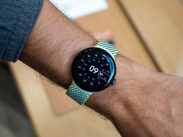 Google Pixel Watch with a recycled loop strap.