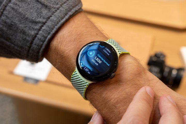 Google Pixel Watch with a recycled loop strap.