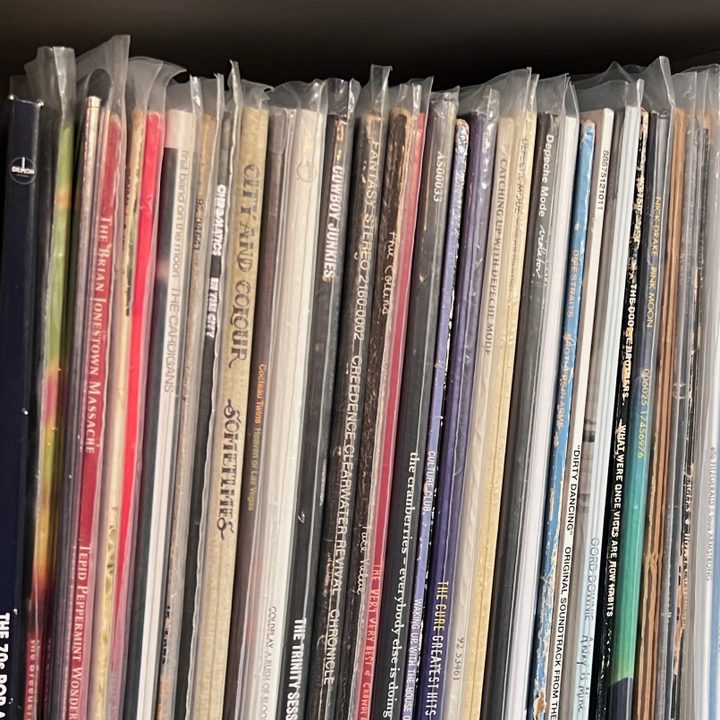 Record stored on a record shelf.