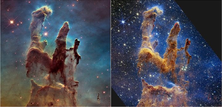 The Pillars of Creation imaged by Hubble and Webb.