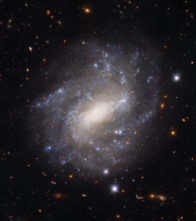 The NASA/ESA Hubble Space Telescope’s Wide Field Camera 3 imaged this lonely spiral galaxy called UGC 9391. The galaxy resides 130 million light-years from Earth in the constellation Draco near the north celestial pole. Its star-studded spiral arms stand in splendid isolation against a backdrop of distant galaxies, which are only visible as indistinct swirls or smudges thanks to their vast distances from Earth.