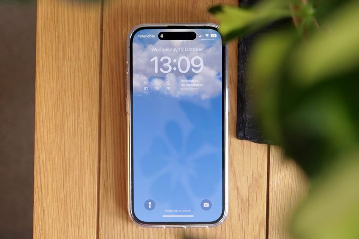 iPhone 14 Pro showing the Weather always-on screen.