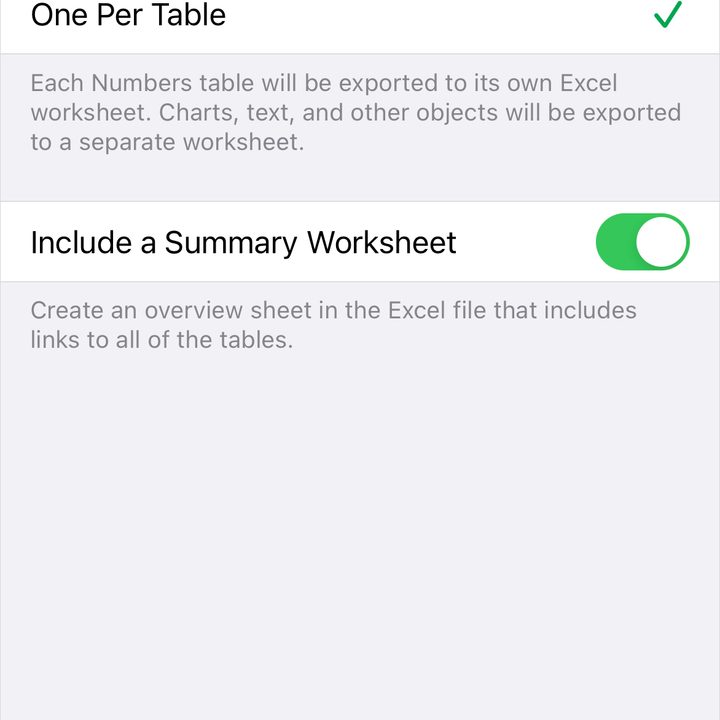 Export selections from Numbers to Excel.