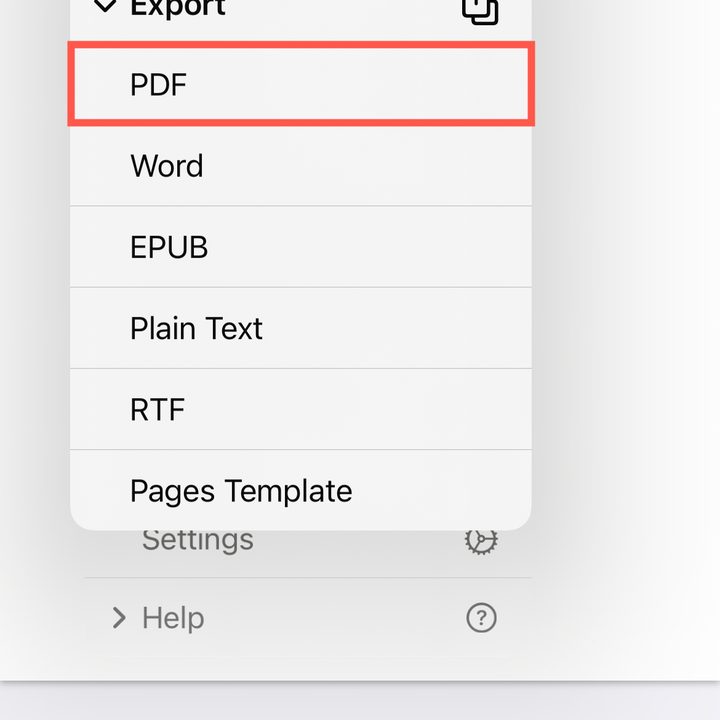 PDF in the Pages Export menu on iPhone.