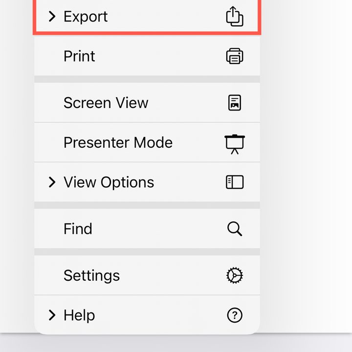 Pages three-dot menu showing Export on iPhone.