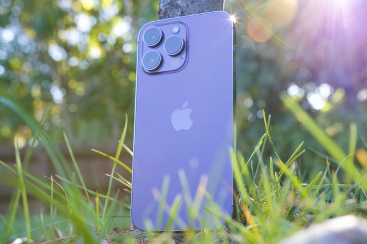 The iPhone 14 Pro Max standing against a tree outside.