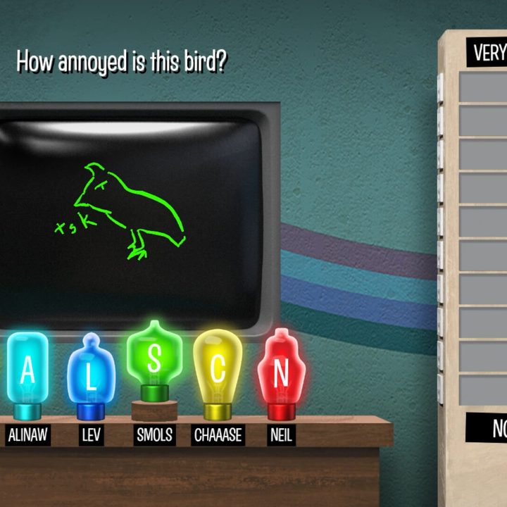 A player draws an annoyed bird in Jackbox Party Pack 9 minigame Nonsensory.