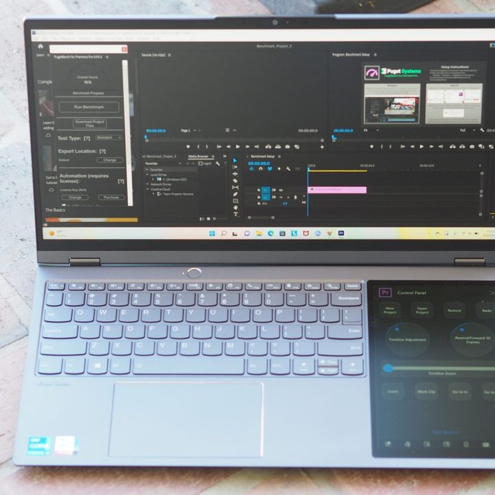 Lenovo ThinkBook Plus Gen 3 front view showing primary and secondary display Premiere Pro.