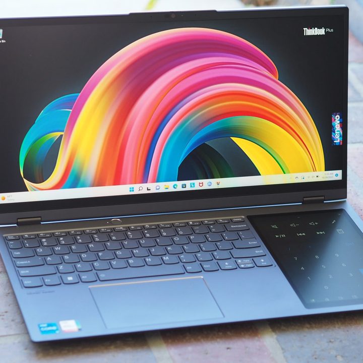 Lenovo ThinkBook Plus Gen 3 front angled view showing displays and keyboard deck.