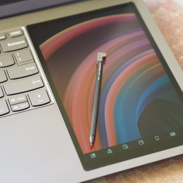 Lenovo ThinkBook Plus Gen 3 top down view showing active pen.