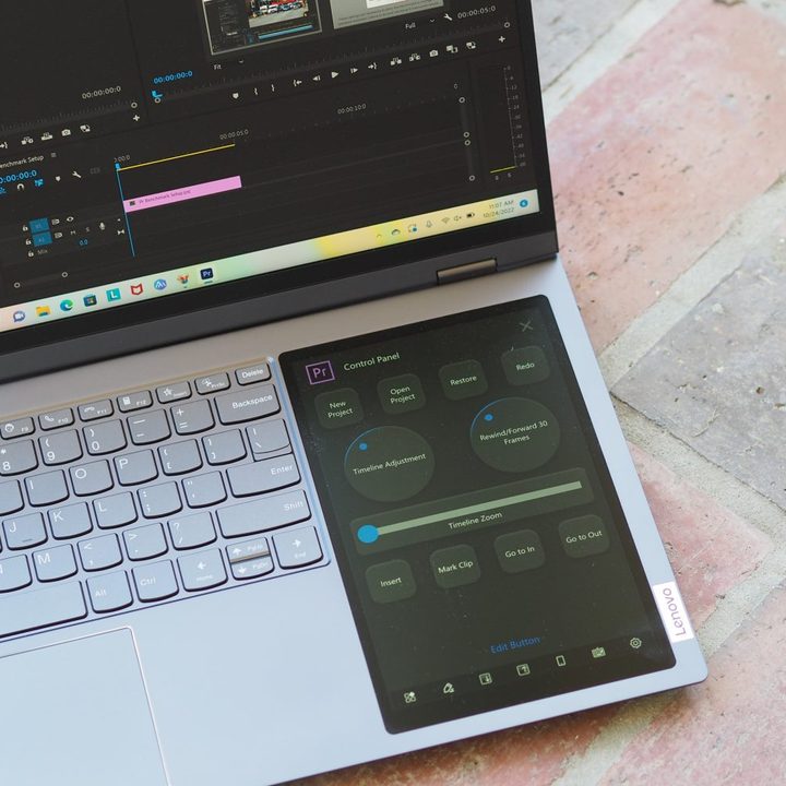 Lenovo ThinkBook Plus Gen 3 top down view showing second display Premiere Pro.