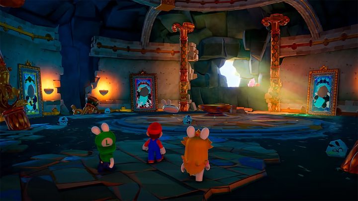 Mario and rabbids in a dungeon.