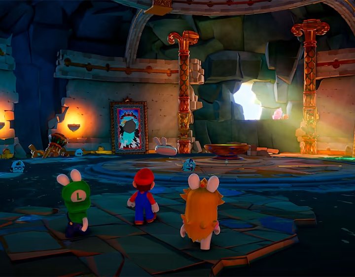 Mario, Rabbid Peach, and Rabbid Luigi explore a puzzle room in Mario + Rabbids Sparks of Hope.
