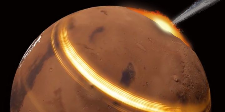 Illustration of an impact causing surface waves to spread across Mars.