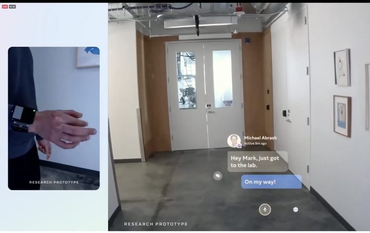 Meta prototype of wearable using motor neuron signals to control AR on glasses by responding to message
