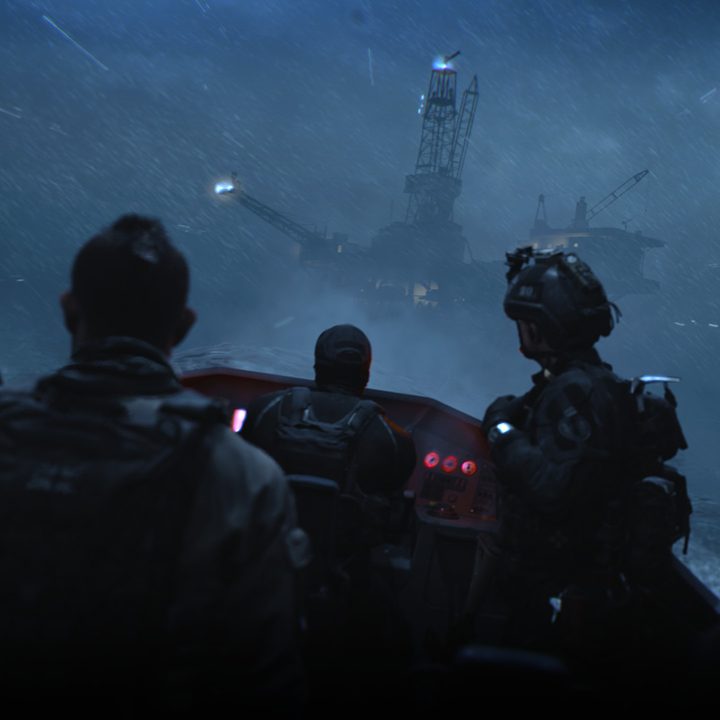 soldiers on a boat during a rainstorm