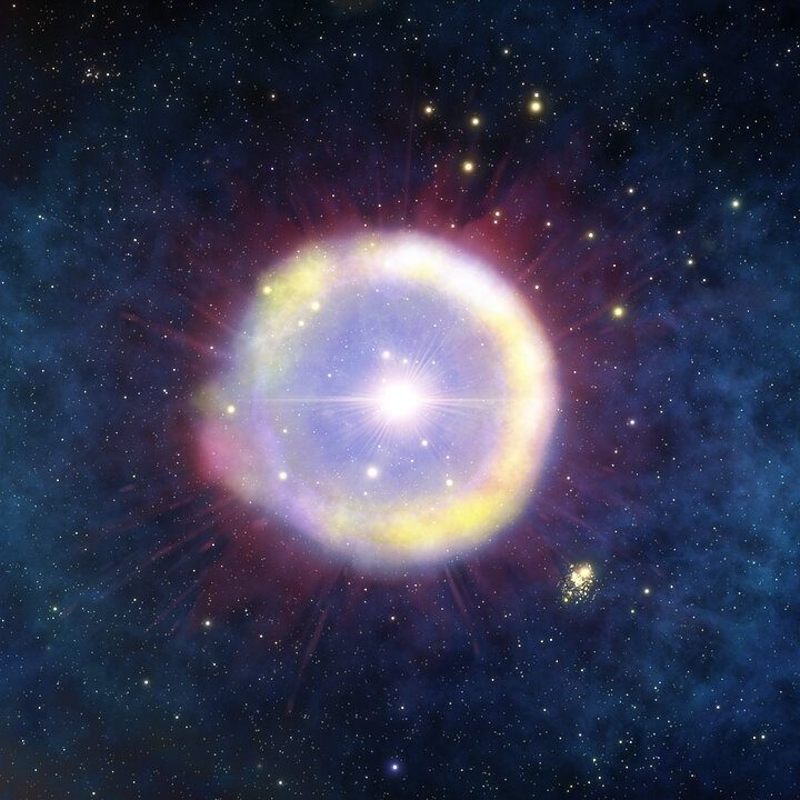 This artist’s impression shows a field of Population III stars as they would have appeared a mere 100 million years after the Big Bang.