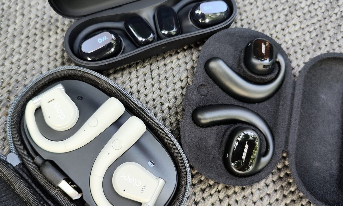 Bose Sport Open Earbuds, Cleer Arc, and Oladance Wearable Stereo open-style earbuds.