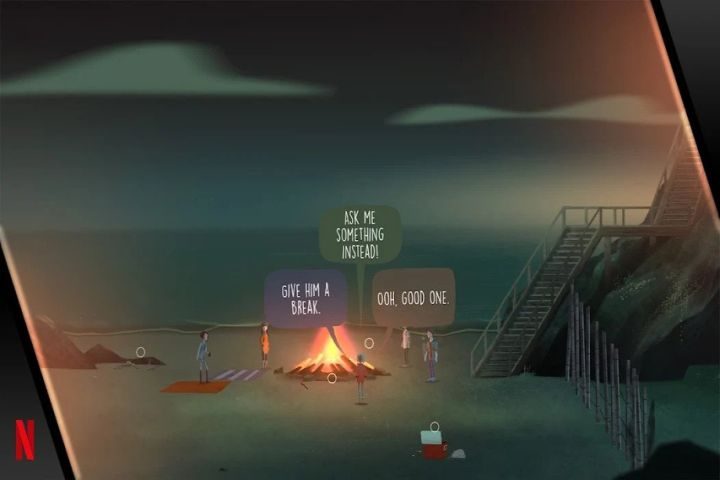 Three characters converse around a fire on the beach in Oxenfree on mobile.