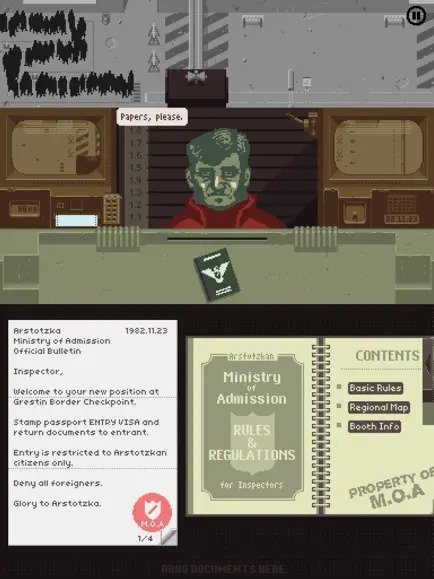 Papers Please processing papers on iPad.