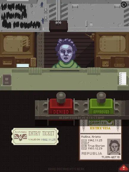 Papers Please processing papers on iPad.