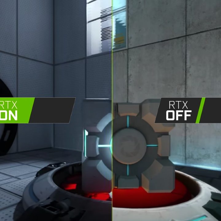 A screenshot of Portal RTX with RTX on or off.