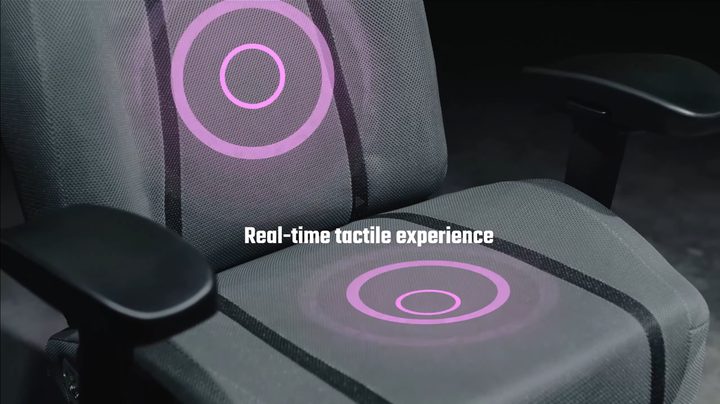 A Cooler Master Synk X chair with purple rings around the seat and back