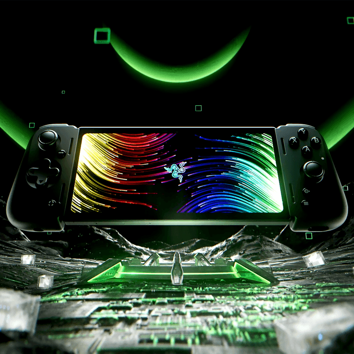 The Razer Edge floats in a digital computer backdrop.