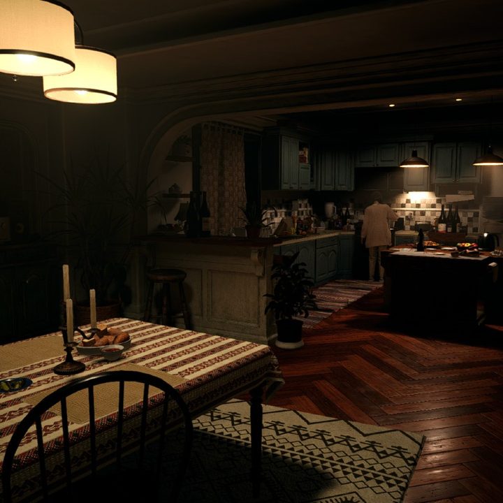 A screenshot of a kitchen in Resident Evil Village.