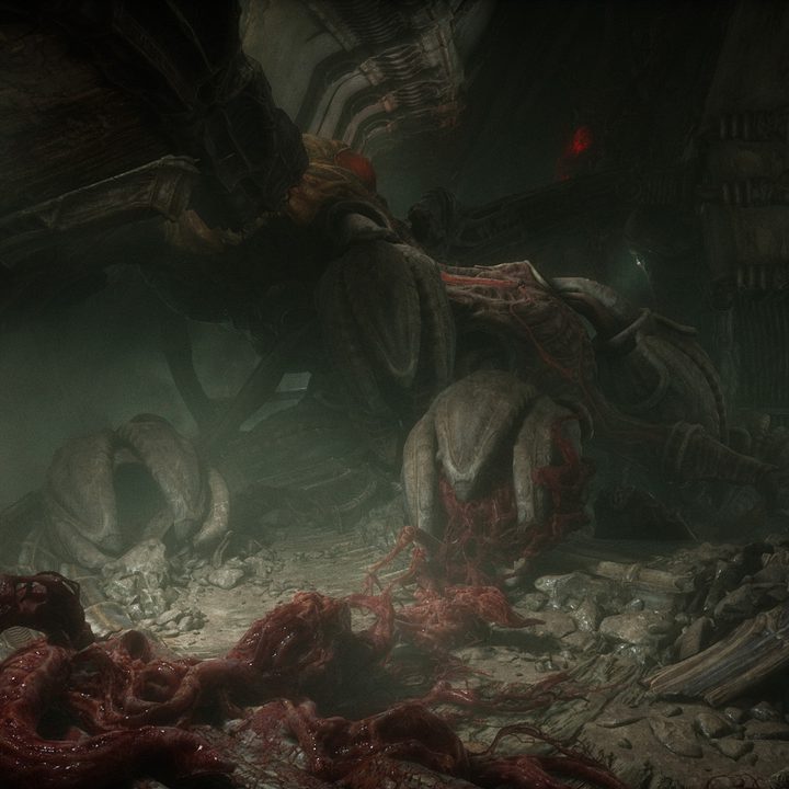 Flesh lays strewn around a dark room in Scorn.