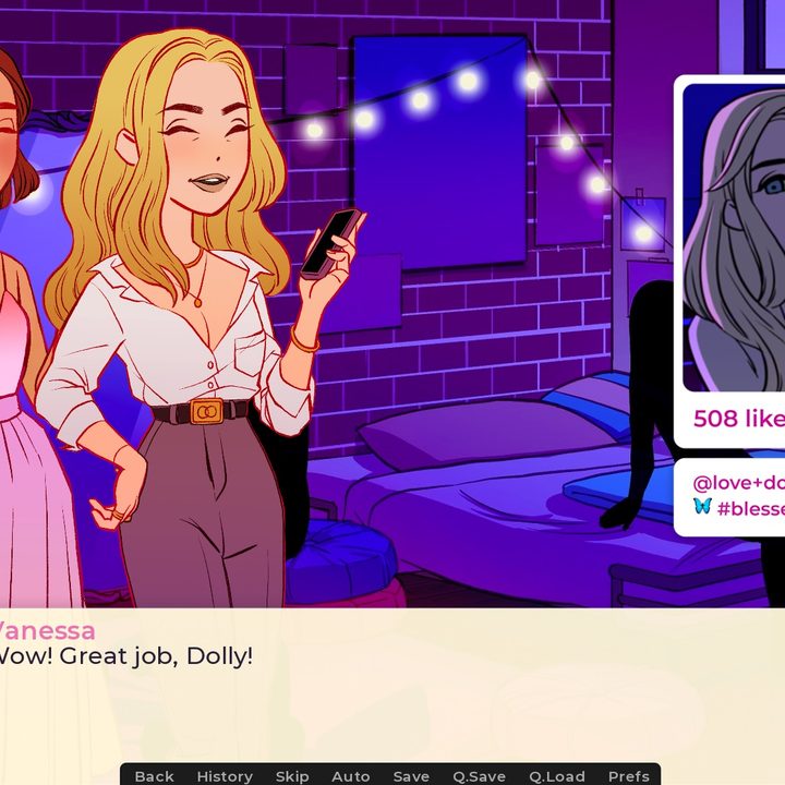 Two young women, one with short brown hair and wearing a pink dress and the other with long blond hair wearing slacks and a button up shirt, are smiling as they stand together. A social media post with their selfie takes up the right side of the image.