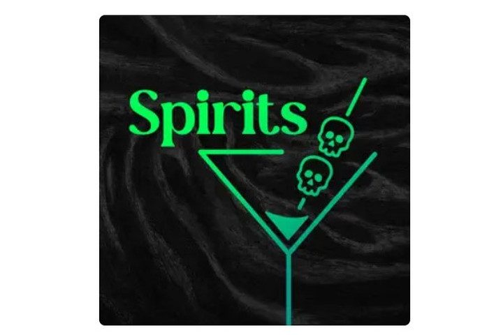 Spirits Podcast logo showing a cocktail glass with two skulls.